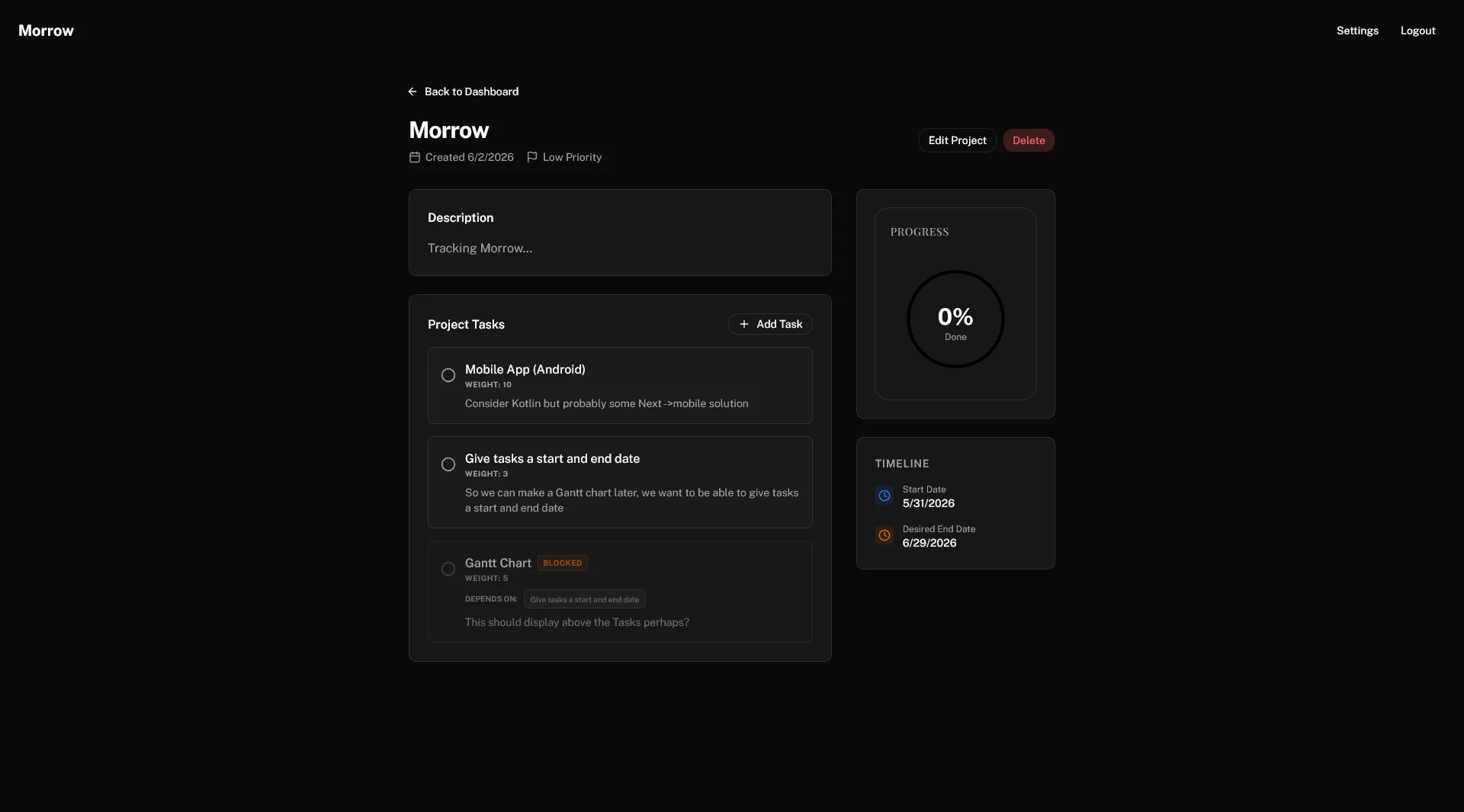 The project show page of Morrow